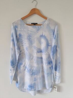 INC International Concepts White and Light Blue Tie-Dye Long Sleeve Top Small